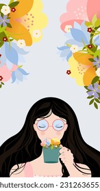 Social media stories vector flat design. Young girl with cup of flowers on nature view background. For a book festival, fair, day of literature, education