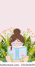 Social Media-Geschichten, Vektorgrafik-Flachdesign. Junge Mädchen, die ein Buch auf Naturschauhintergrund lesen. Für ein Buchfestival, Messe, Literatur-, Bildungs-