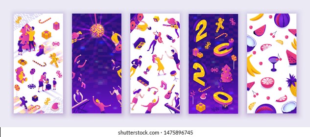 Social media stories vector set, story design templates, backgrounds, party people background for banner, 2020 new year greeting card, christmas family poster, mobile story wallpaper layout