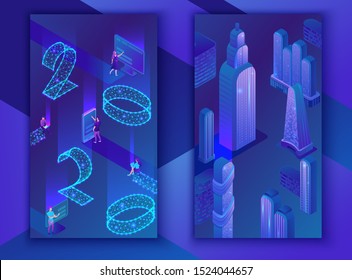 Social media stories vector set, 2020 vision isometric smart city, futuristic 3d concept, blue glowing neon number, future ai technolodgy poster, new year calendar or banner, mobile template