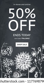 Social media stories vector template.  Fall sale design. With hand drawn flowers, leaves, snails, butterflies on chalkboard. Vintage autumn illustration for flyers or posts. 