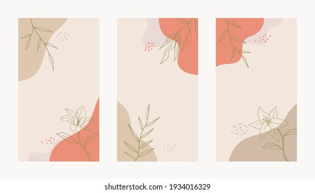 Social media story abstract floral template Trendy minimal organic background. Vector floral beauty backdrop pastel colors