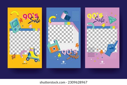 Social Media Story Collection with 90's Stuffs Colorful Illustration and Memphis Geometric Style