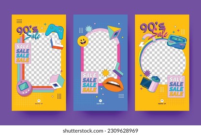 Social Media Story Collection with 90's Stuffs Colorful Illustration and Memphis Geometric Style