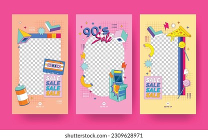 Social Media Story Collection with 90's Stuffs Colorful Illustration and Memphis Geometric Style