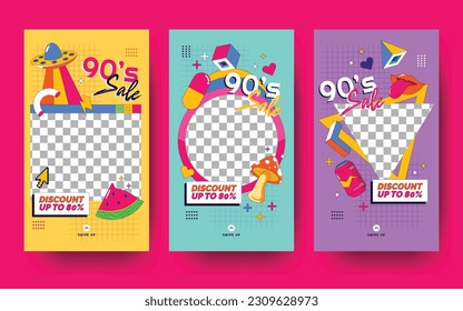 Social Media Story Collection with 90's Stuffs Colorful Illustration and Memphis Geometric Style