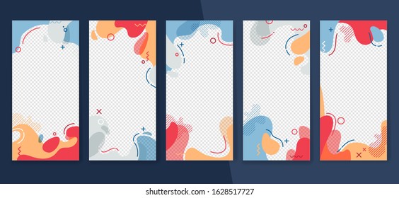 Social media story frame set. Colorful template with bright colors and memphis elements. Transparent mid-frame for streaming video. Website, mobile app, poster, flyer, smartphone template, web design.