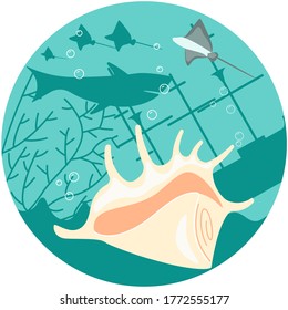 Social Media Story highlight icon in sea style. Underwater scene with beautiful animal shell. Flat Art Vector illustration