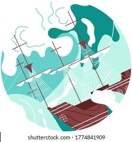 Social Media Story highlight icon in sea stile. Underwater scene with marine sailing ship among storm waves. Flat Art Vector illustration