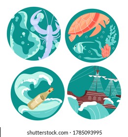 Social Media Story highlight icons in sea stile set. Underwater scene with beautiful sea turtle, cute lobster, essage in a bottle, marine sailing ship among storm waves. Flat Art Vector illustration