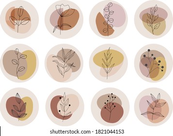 Social media story highlights covers. Abstract mid century shapes and leaves