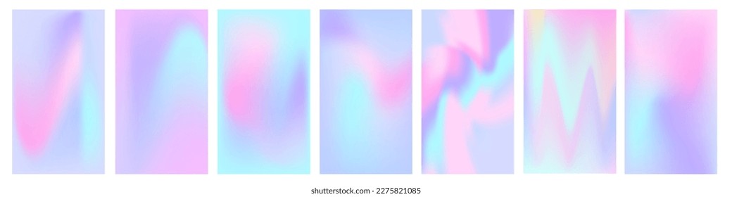 Social media story holographic blurred gradient background set. Aesthetic iridescent pink and blue blurry 16x9 backgrounds. Abstract mesh holography texture. Pearlescent vector backdrop.