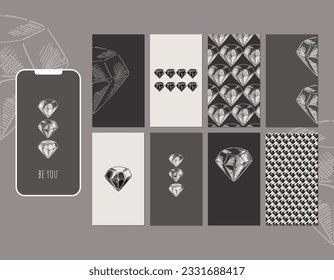 Social media story layout. Abstract background in light and dark shades of gray with diamonds. Pattern of diamonds. Trendy set of minimalistic covers. Minimal wall art. Place for logos, messages.
