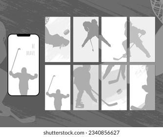 Social media story layout. Set of hockey cards with silhouettes of hockey players in shades of gray. Vector illustration. Simple, minimalistic, sport cards. Trendy set of minimalistic covers.