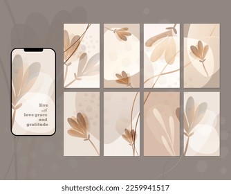 Social media story layout in shades of grey, beige and tan. Abstract shapes, spots, lines, checkered pattern. Place for icons, messages, text placement.