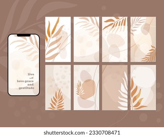 Social media story layout in shades of grey, brown, beige and tan. Abstract shapes, tropical leaves, palm leaves, spots, lines, checkered pattern. Place for icons, messages, text placement.