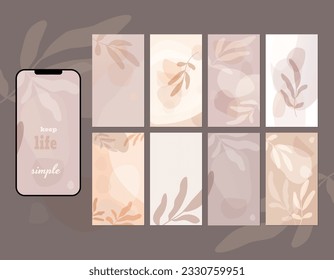 Social media story layout in shades of beige, muted brown and lilac. Tropical leaves and random abstract shapes, spots. Place for icons, messages, text placement.