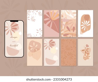 Social media story layout in shades of delicate pastel beige and pale brown, pink, orange. Fern leaves. Abstract shapes, tropical leaves, spots. Place for icons, messages, text placement.