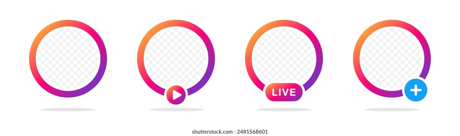 Social-Media-Story. Live-Stream, Abzeichen-Vektorgrafik für neue Stories. Stories, Abzeichen und Live-Buttone. Kreisrahmen für Profilbild. Geschichten in sozialen Netzwerken. Avatar-Frame