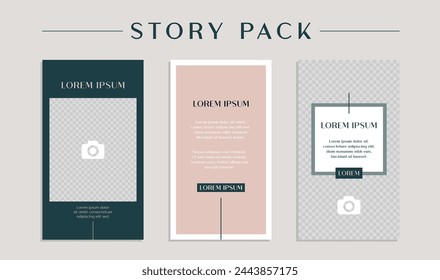 Social media story pack set template. Modern and minimal post designs, grid view, background and shapes. Vector.