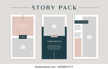 Social media story pack set template. Modern and minimal post designs, grid view, background and shapes. Vector.