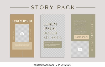 Social media story pack set template. Modern and minimal post designs, grid view, background and shapes. Vector.