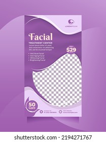 Social Media Story Post And Banner Template For Facial Beauty Clinic Center Promotion With Modern Purple. Vector Design Concept Of Professional Beauty Clinic, Hair Spa, Cosmetic Sale, Yoga, Etc