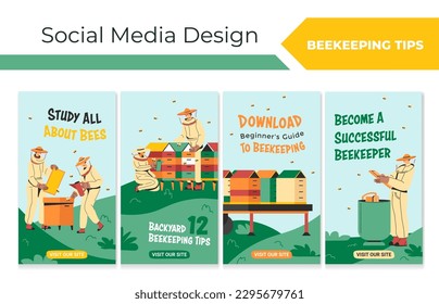 Social media story set for beekeeping tips promo. Flat man woman beekeeper character work with hive, vector illustration. Network post collection for honey product making education advertising