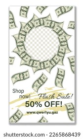 Social media story, stories banner template with circle money frame of 100 dollar bills, paint brush strokes. Layout includes photo frame, advertising text, copy space