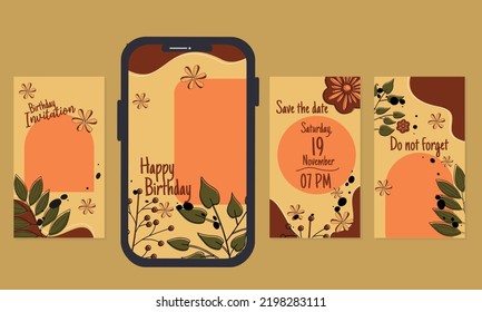 social media story template for birthday invitation. brown color design with leaf and flower elements.