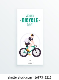 Social media story template with a guy riding a bike isolated on white. World bicycle day on June 3. Bicycle as a symbol of human progress and advancement. Sport and leisure. Outdoors activity.