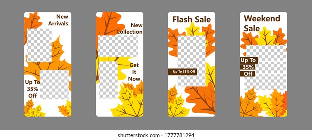 Social media story template for special offer and discount. Trendy orange yellow leaves for promotion web banner poster mobile apps. Frame layout for photo product and online shop