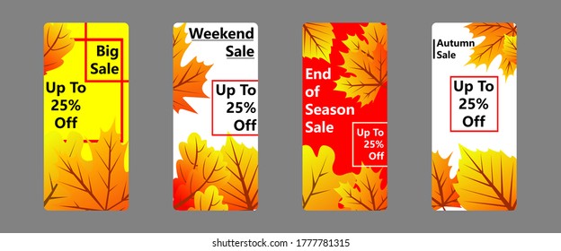Social media story template for special offer and discount. Trendy orange yellow leaves for promotion web banner poster mobile apps. Frame layout for photo product and online shop