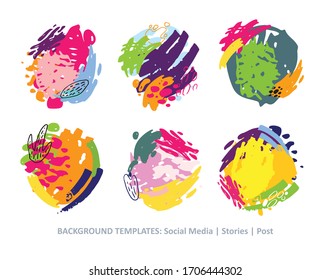 Social media story templates. Abstract pattern. Seasonal sale banner. Trend background.  Bright colored with hand drawn scribbles  Birthday party or anniversary invitation. Pattern background set.