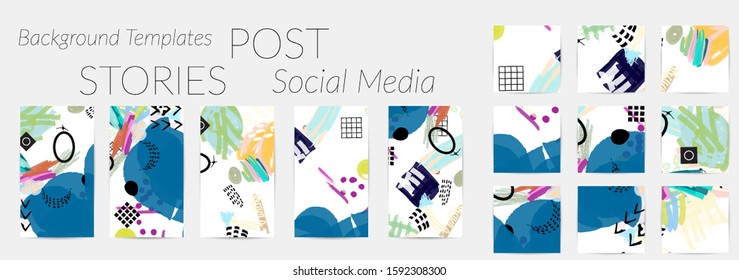 Social media story templates. Bright colored with hand drawn scribbles Easter holiday textures. Seasonal sale banner. Birthday party or anniversary invitation. Spring holiday art background set.