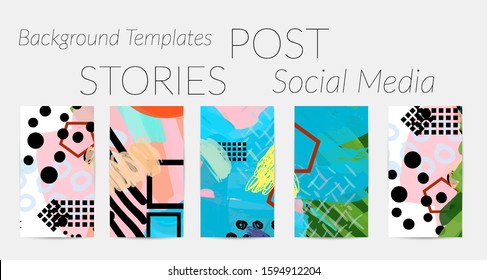 Social media story templates. Bright colored with hand drawn scribbles Easter holiday textures. Seasonal sale banner. Birthday party or anniversary invitation. Spring holiday art background set.
