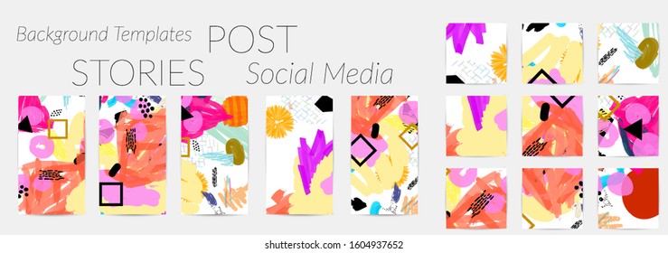 Social media story templates. Bright colored with hand drawn scribbles Easter holiday textures. Seasonal sale banner. Birthday party or anniversary invitation. Spring holiday art background set.