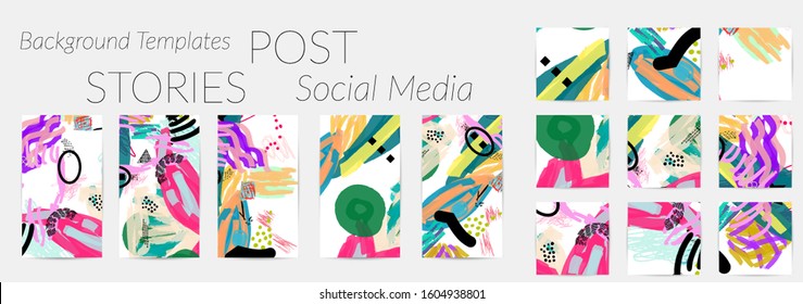 Social media story templates. Bright colored with hand drawn scribbles Easter holiday textures. Seasonal sale banner. Birthday party or anniversary invitation. Spring holiday art background set.