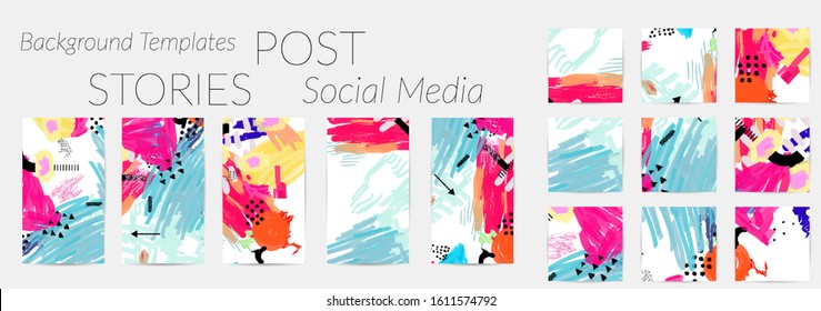 Social media story templates. Bright colored with hand drawn scribbles Easter holiday textures. Seasonal sale banner. Birthday party or anniversary invitation. Spring holiday art background set.