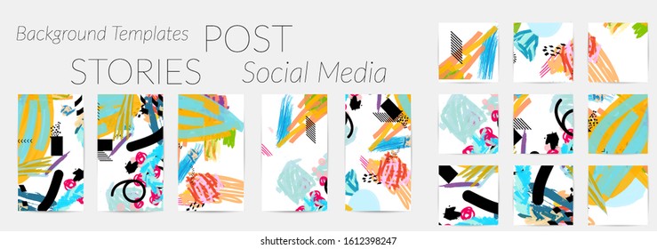 Social media story templates. Bright colored with hand drawn scribbles Easter holiday textures. Seasonal sale banner. Birthday party or anniversary invitation. Spring holiday art background set.