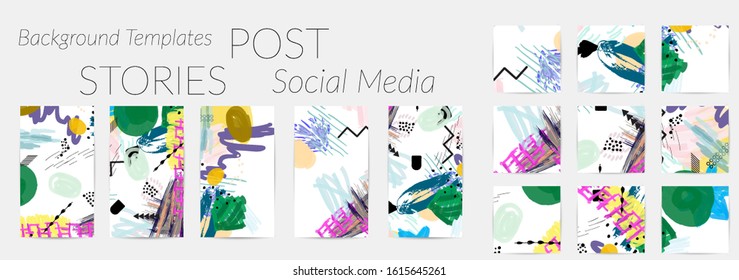 Social media story templates. Bright colored with hand drawn scribbles Easter holiday textures. Seasonal sale banner. Birthday party or anniversary invitation. Spring holiday art background set.