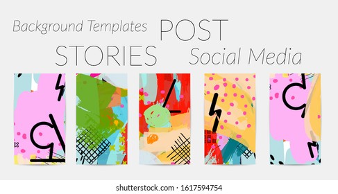 Social media story templates. Bright colored with hand drawn scribbles Easter holiday textures. Seasonal sale banner. Birthday party or anniversary invitation. Spring holiday art background set.
