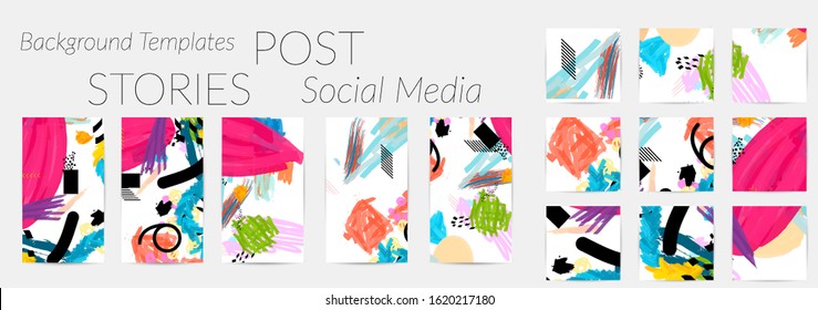 Social media story templates. Bright colored with hand drawn scribbles Easter holiday textures. Seasonal sale banner. Birthday party or anniversary invitation. Spring holiday art background set.