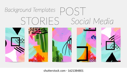 Social media story templates. Bright colored with hand drawn scribbles Easter holiday textures. Seasonal sale banner. Birthday party or anniversary invitation. Spring holiday art background set.