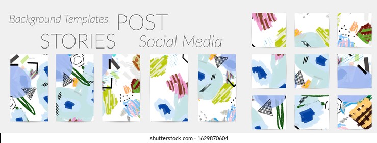 Social media story templates. Bright colored with hand drawn scribbles Easter holiday textures. Seasonal sale banner. Birthday party or anniversary invitation. Spring holiday art background set.