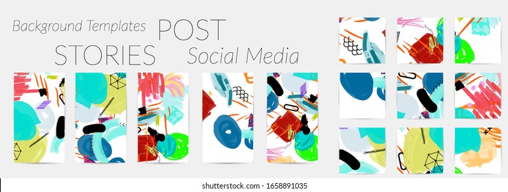 Social media story templates. Bright colored with hand drawn scribbles Easter holiday textures. Seasonal sale banner. Birthday party or anniversary invitation. Spring holiday art background set.