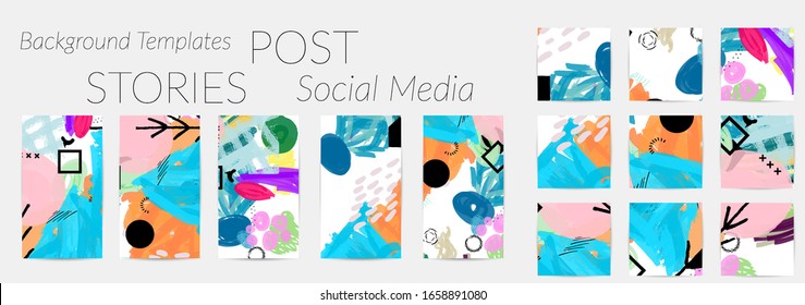 Social media story templates. Bright colored with hand drawn scribbles Easter holiday textures. Seasonal sale banner. Birthday party or anniversary invitation. Spring holiday art background set.