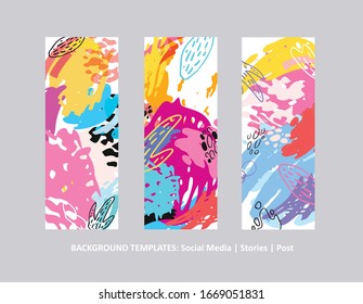 Social media story templates. Bright colored with hand drawn scribbles Easter holiday textures. Seasonal sale banner. Birthday party or anniversary invitation. Spring holiday art background set.