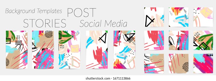 Social media story templates. Bright colored with hand drawn scribbles Easter holiday textures. Seasonal sale banner. Birthday party or anniversary invitation. Spring holiday art background set.