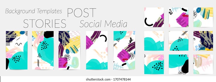 Social media story templates. Bright colored with hand drawn scribbles Easter holiday textures. Seasonal sale banner. Birthday party or anniversary invitation. Spring holiday art background set.